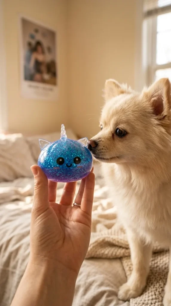 Dumpling Squishy Eenhoorn Glitter Blauw met een knuffel
