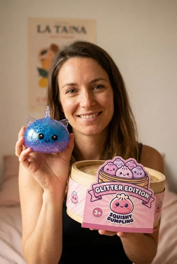Dumpling Squishy Eenhoorn Glitter Blauw met zijn doos