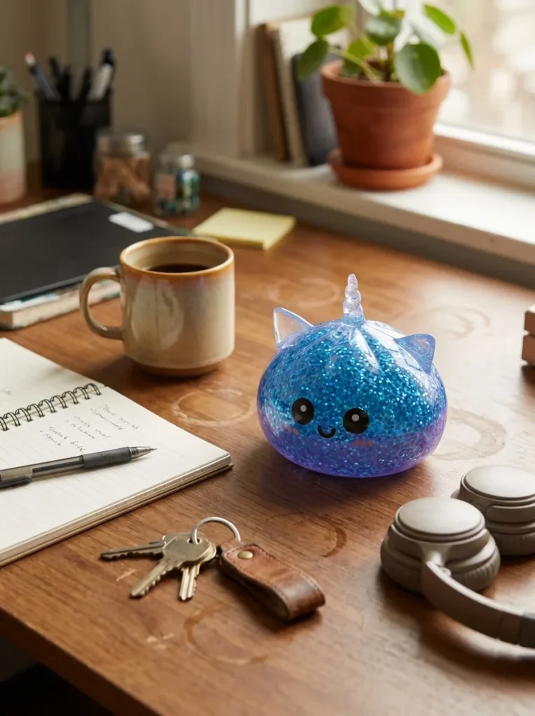 Dumpling Squishy Eenhoorn Glitter Blauw op het bureau