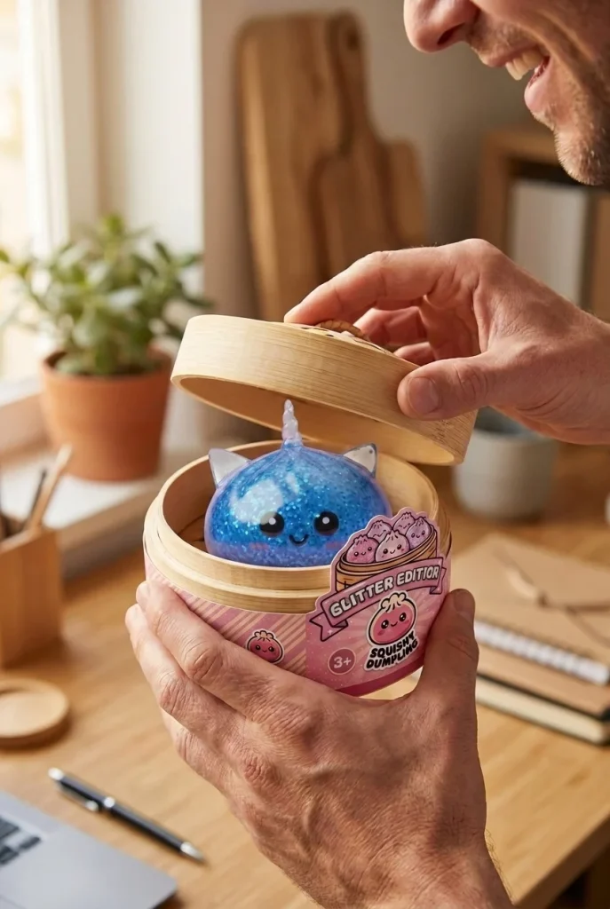 Dumpling Squishy Eenhoorn Glitter Blauw tijdens het uitpakken
