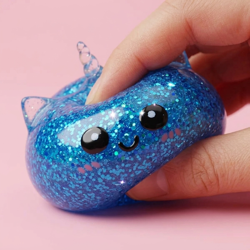 Dumpling Squishy Eenhoorn Glitter Blauw — slow-rise effect, het schuim vert langzaam terug