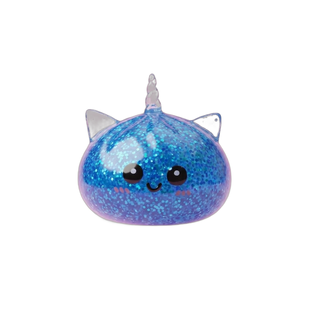 Dumpling Squishy Eenhoorn Glitter Blauw tijdens het knijpen, zacht materiaal