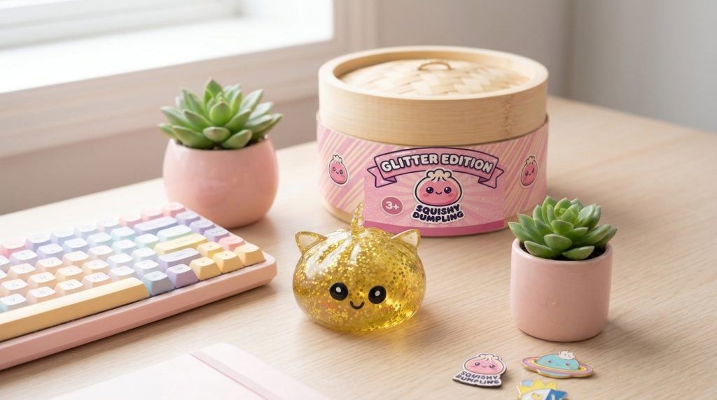 Glitter Dumpling Squishy Eenhoorn Goud in zijn kawaii omgeving