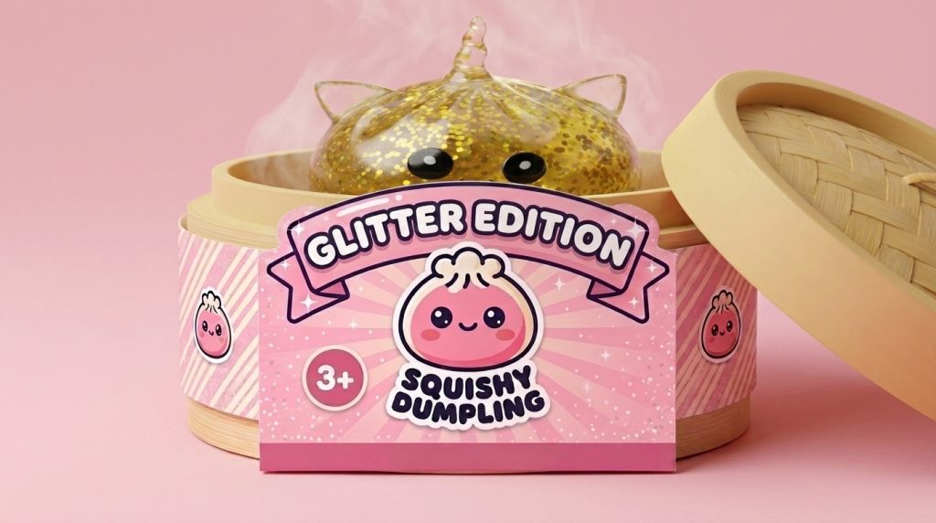 Glitter Dumpling Squishy Eenhoorn Goud in het bamboe stoommandje