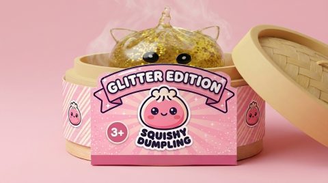Glitter Dumpling Squishy Eenhoorn Goud in het bamboe stoommandje