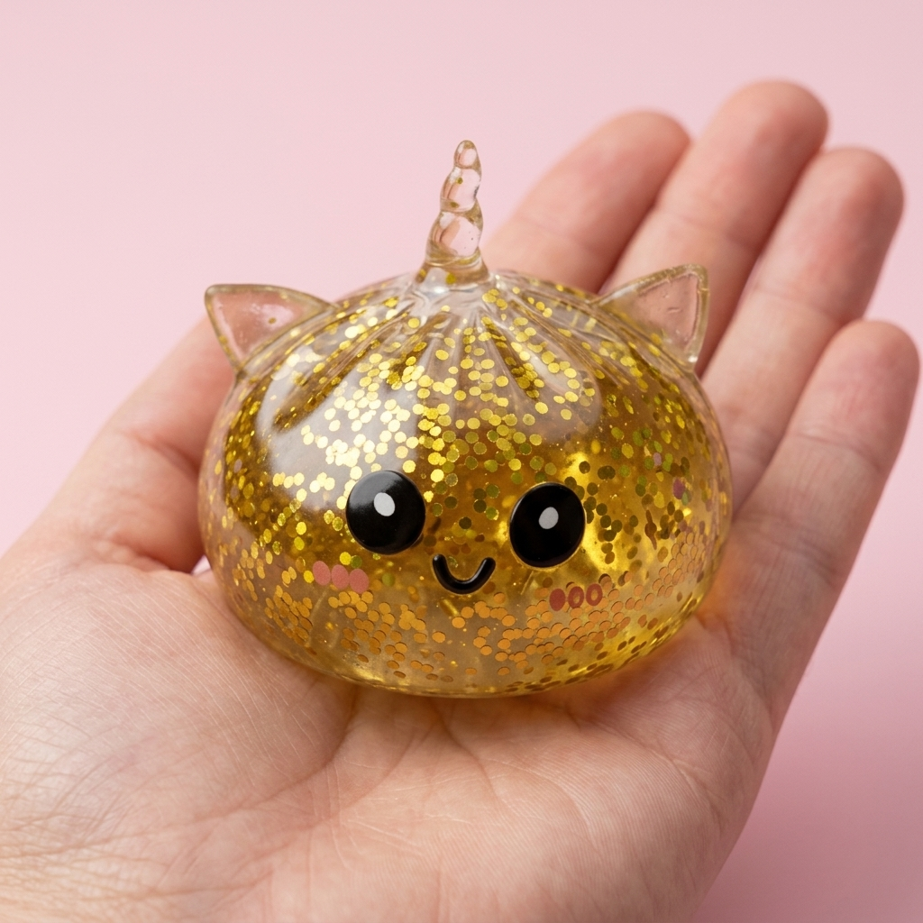 Glitter Dumpling Squishy Eenhoorn Goud in de hand gehouden, echte grootte