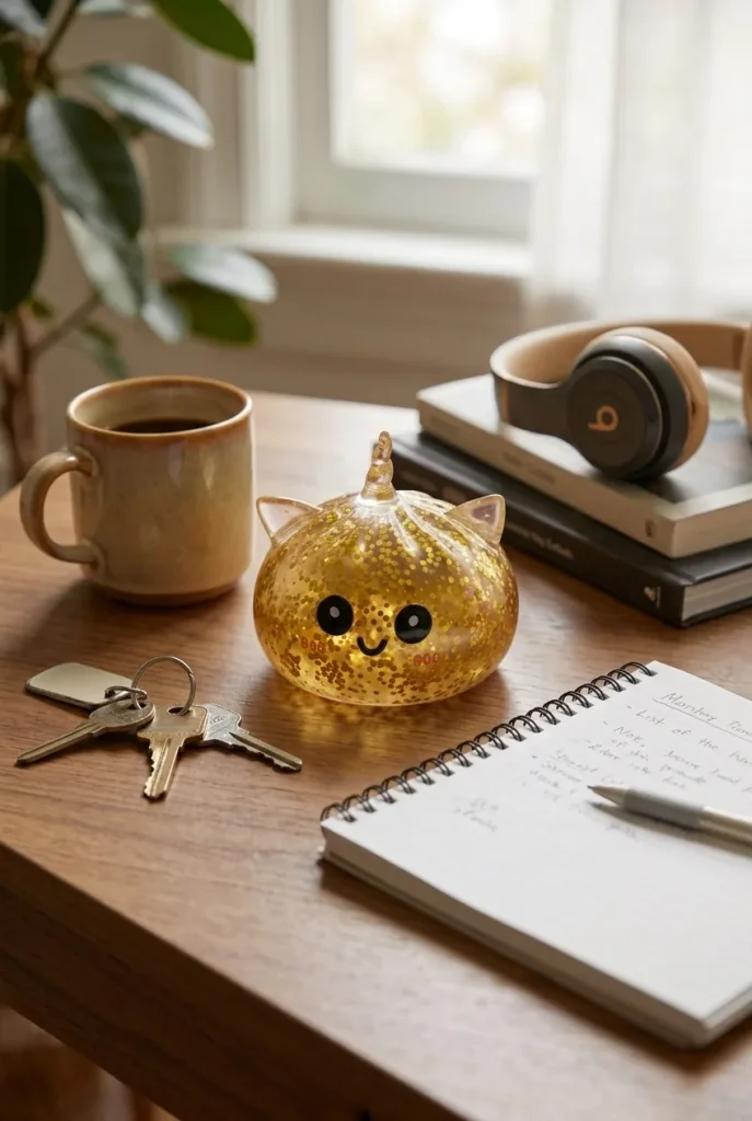 Glitter Dumpling Squishy Eenhoorn Goud op het bureau