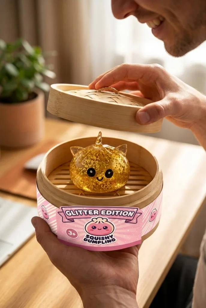 Glitter Dumpling Squishy Eenhoorn Goud tijdens het uitpakken