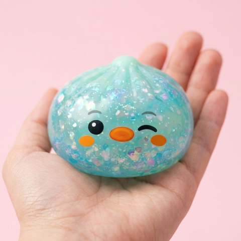 Dumpling Squishy Pinguïn IJzig Mintgroen in de hand gehouden, echte grootte