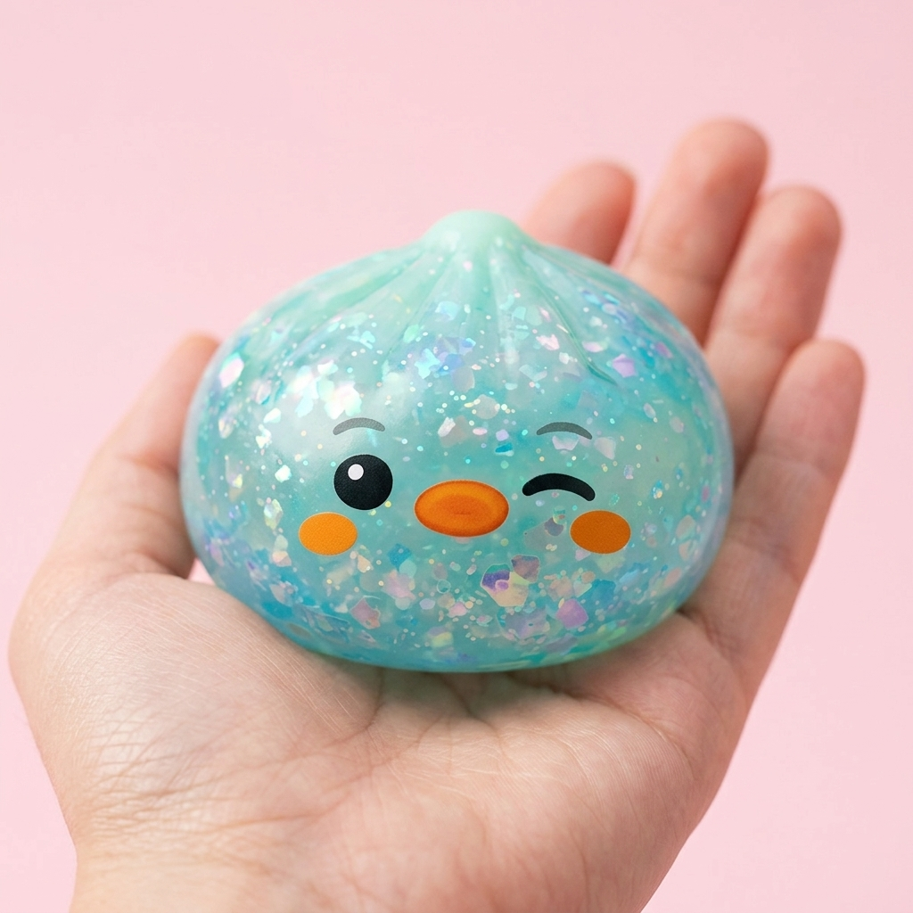 Dumpling Squishy Pinguïn IJzig Mintgroen in de hand gehouden, echte grootte