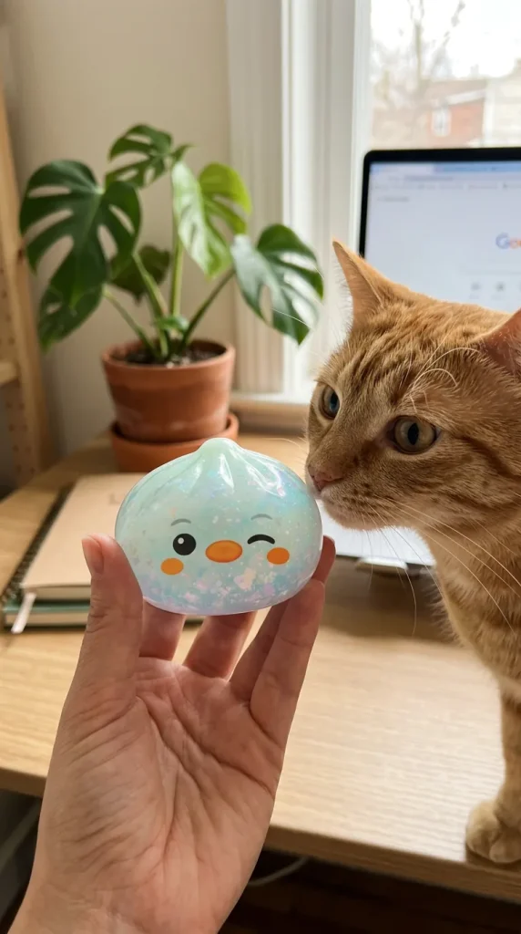 Dumpling Squishy Pinguïn IJzig Mintgroen met een knuffel