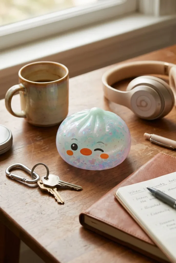 Dumpling Squishy Pinguïn IJzig Mintgroen op het bureau