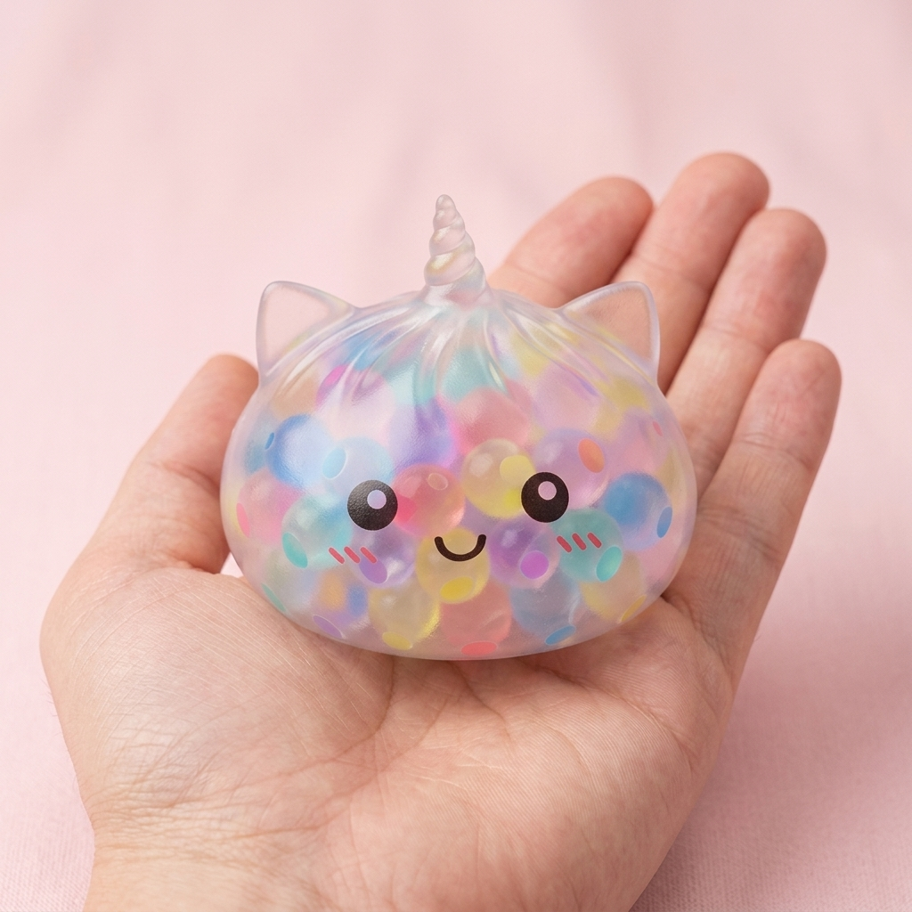 Squishy Dumpling Unicorn Bubble Pastel Multicolor in de hand gehouden, echte grootte