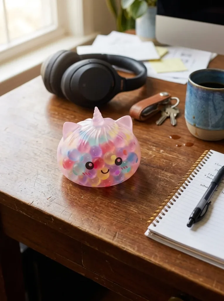 Squishy Dumpling Unicorn Bubble Pastel Multicolor op het bureau
