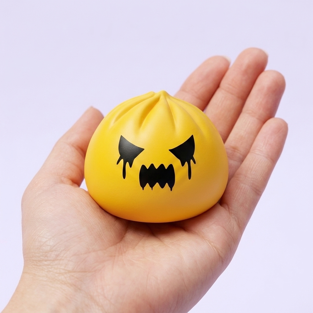 Squishy Dumpling Spook Mystery in de hand gehouden, echte grootte