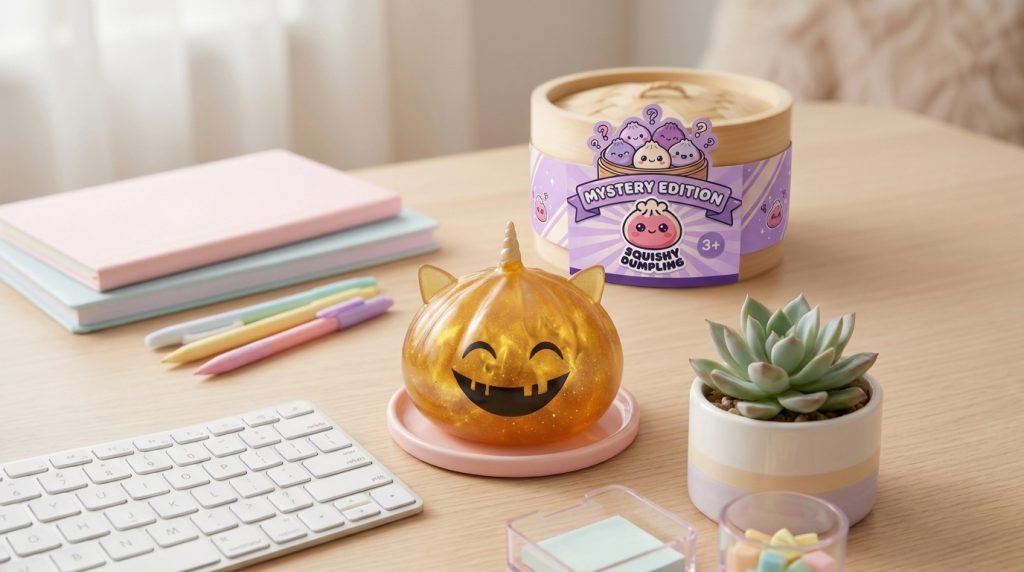 Squishy Dumpling Mystery Halloween Unicorn Gehoornd in zijn kawaii omgeving