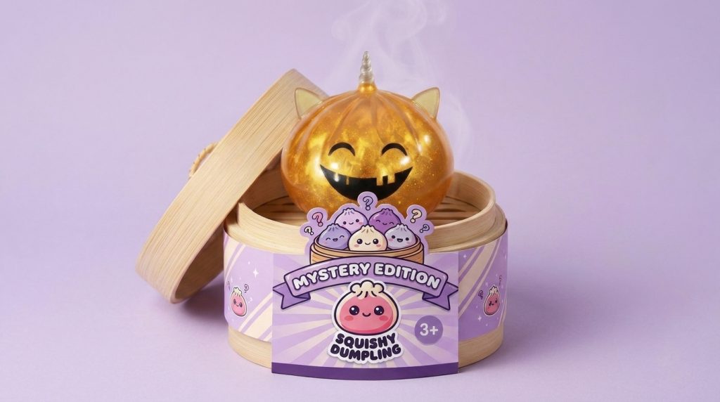 Squishy Dumpling Mystery Halloween Unicorn Gehoornd in het bamboe stoommandje