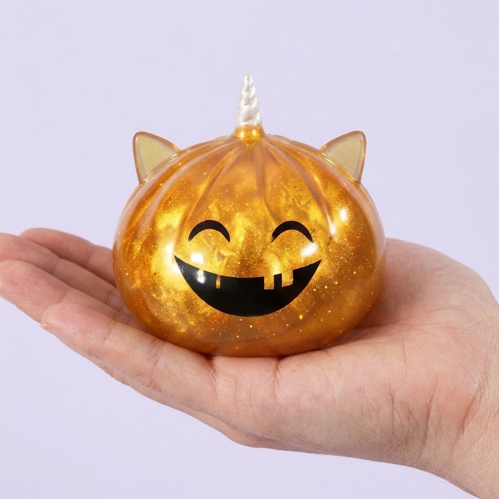 Squishy Dumpling Mystery Halloween Unicorn Gehoornd in de hand gehouden, echte grootte