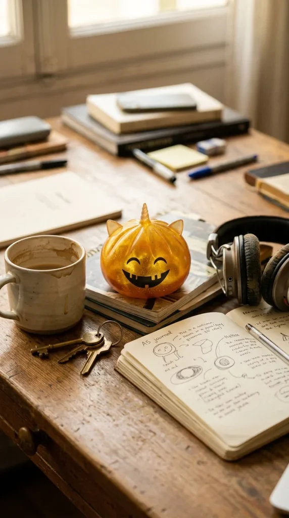 Squishy Dumpling Mystery Halloween Unicorn Gehoornd op het bureau