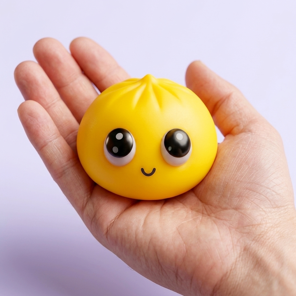 Dumpling Squishy Mystery Pop Grote Ogen in de hand gehouden, echte grootte