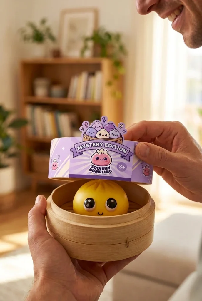 Dumpling Squishy Mystery Pop Grote Ogen tijdens het uitpakken