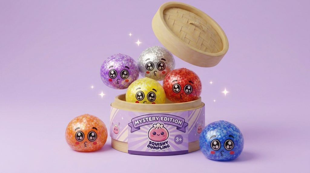 Squishy Dumpling Mystery Puppy Eyed Glitterhuid tijdens het knijpen, zacht materiaal