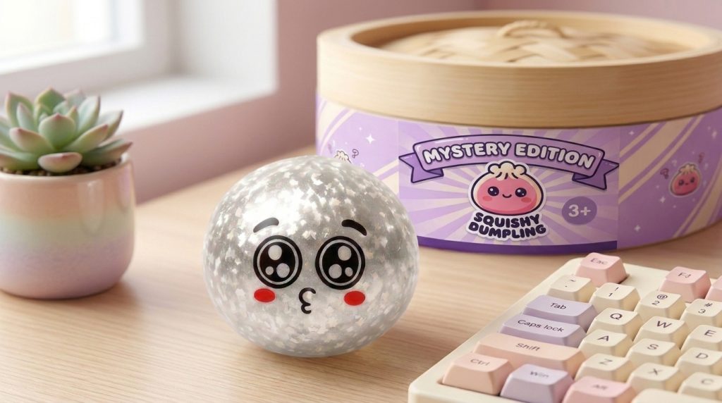 Squishy Dumpling Mystery Puppy Eyed Glitterhuid in zijn kawaii omgeving