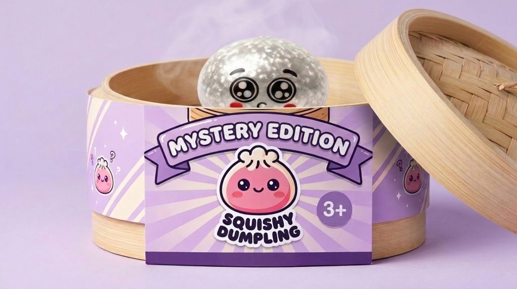 Squishy Dumpling Mystery Puppy Eyed Glitterhuid in het bamboe stoommandje