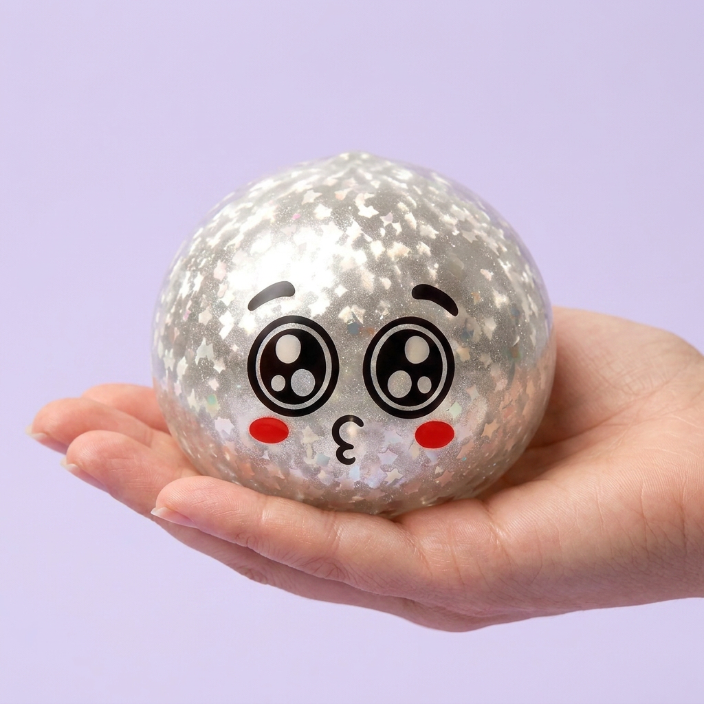 Squishy Dumpling Mystery Puppy Eyed Glitterhuid in de hand gehouden, echte grootte