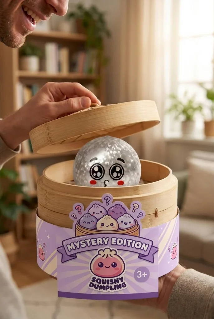 Squishy Dumpling Mystery Puppy Eyed Glitterhuid tijdens het uitpakken