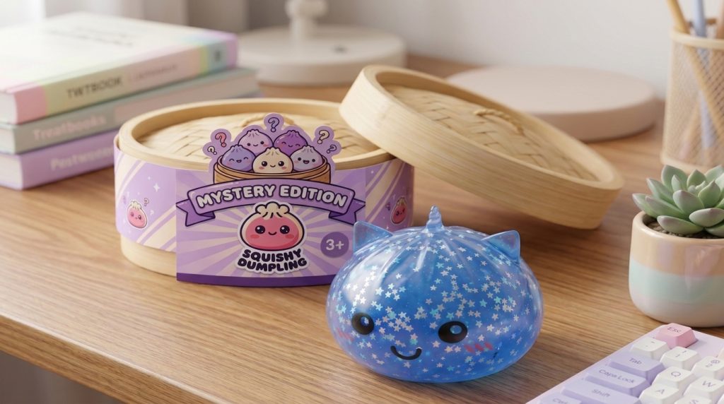 Squishy Dumpling Eenhoorn Mystery Glitter in zijn kawaii omgeving