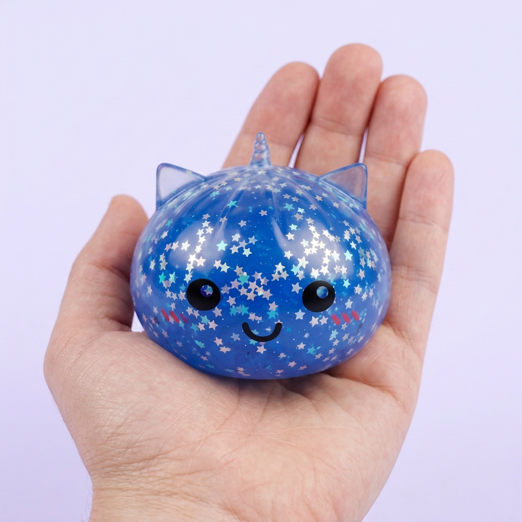 Squishy Dumpling Eenhoorn Mystery Glitter in de hand gehouden, echte grootte