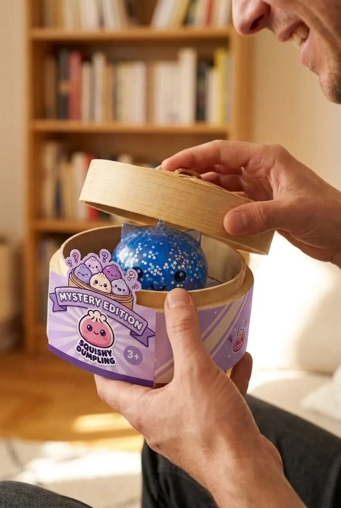 Squishy Dumpling Eenhoorn Mystery Glitter tijdens het uitpakken