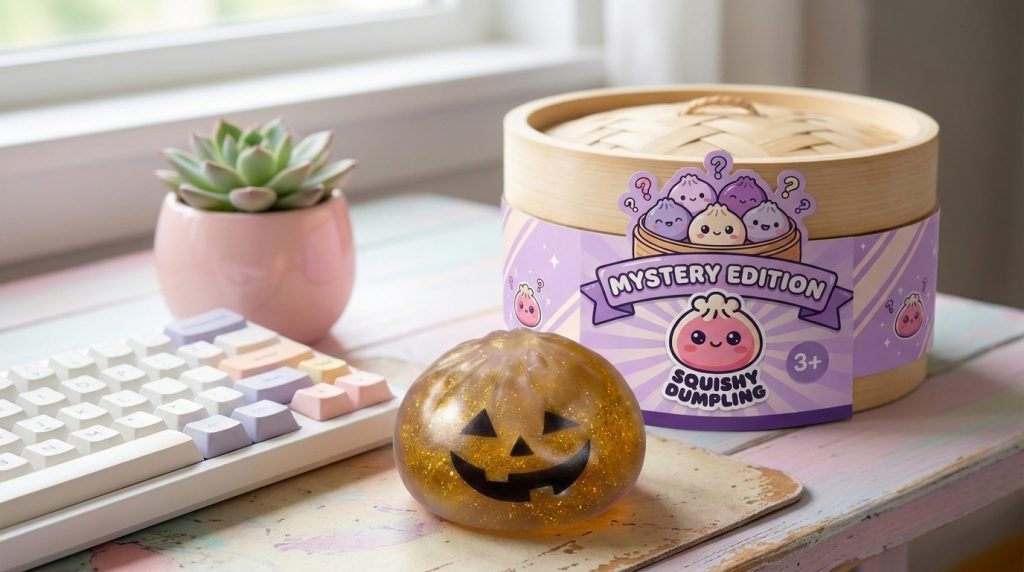 Squishy Dumpling Vampire Mystery Bloedrood in zijn kawaii omgeving