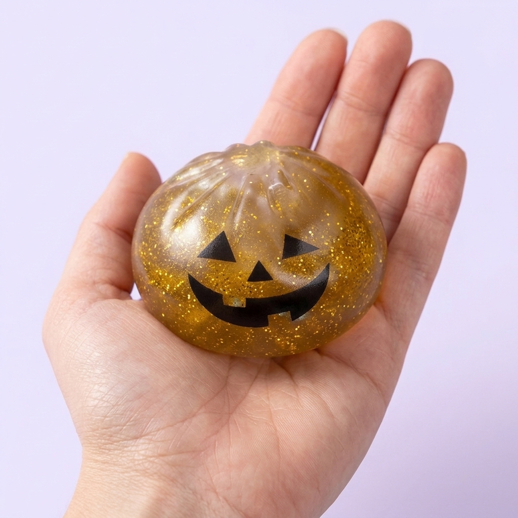 Squishy Dumpling Vampire Mystery Bloedrood in de hand gehouden, echte grootte