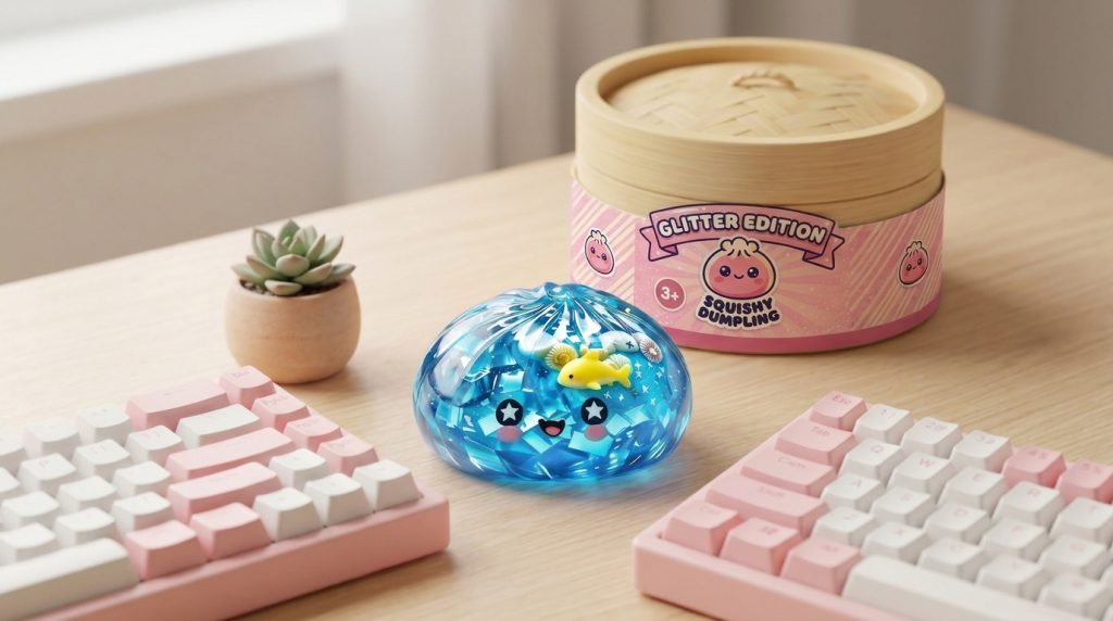 Squishy Dumpling Glitter Ocean Koraalrif in zijn kawaii omgeving