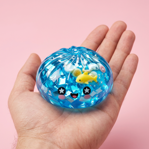 Squishy Dumpling Glitter Ocean Koraalrif in de hand gehouden, echte grootte