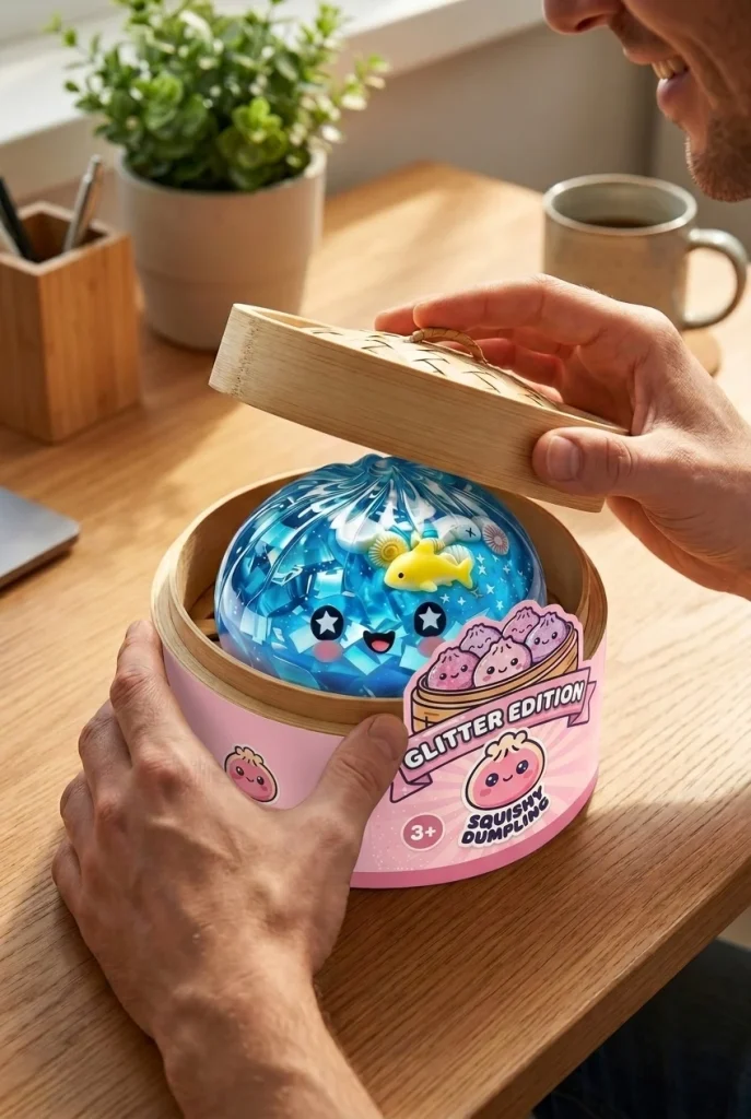 Squishy Dumpling Glitter Ocean Koraalrif tijdens het uitpakken