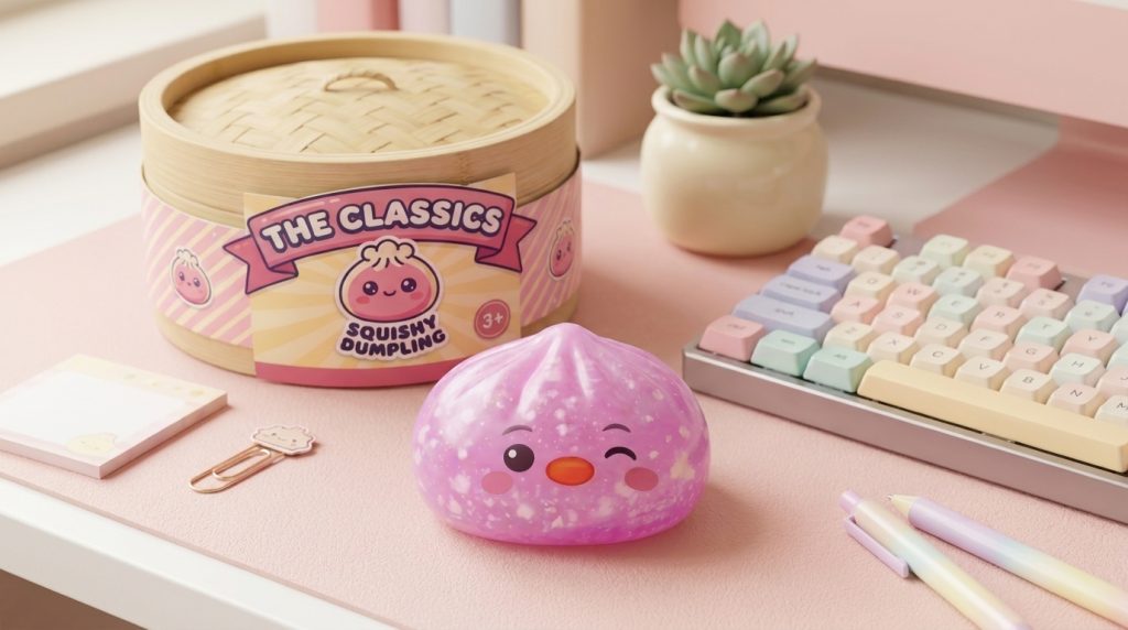 Penguin Dumpling Squishy Candy Roze in zijn kawaii omgeving
