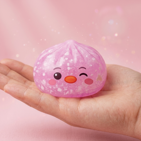 Penguin Dumpling Squishy Candy Roze in de hand gehouden, echte grootte