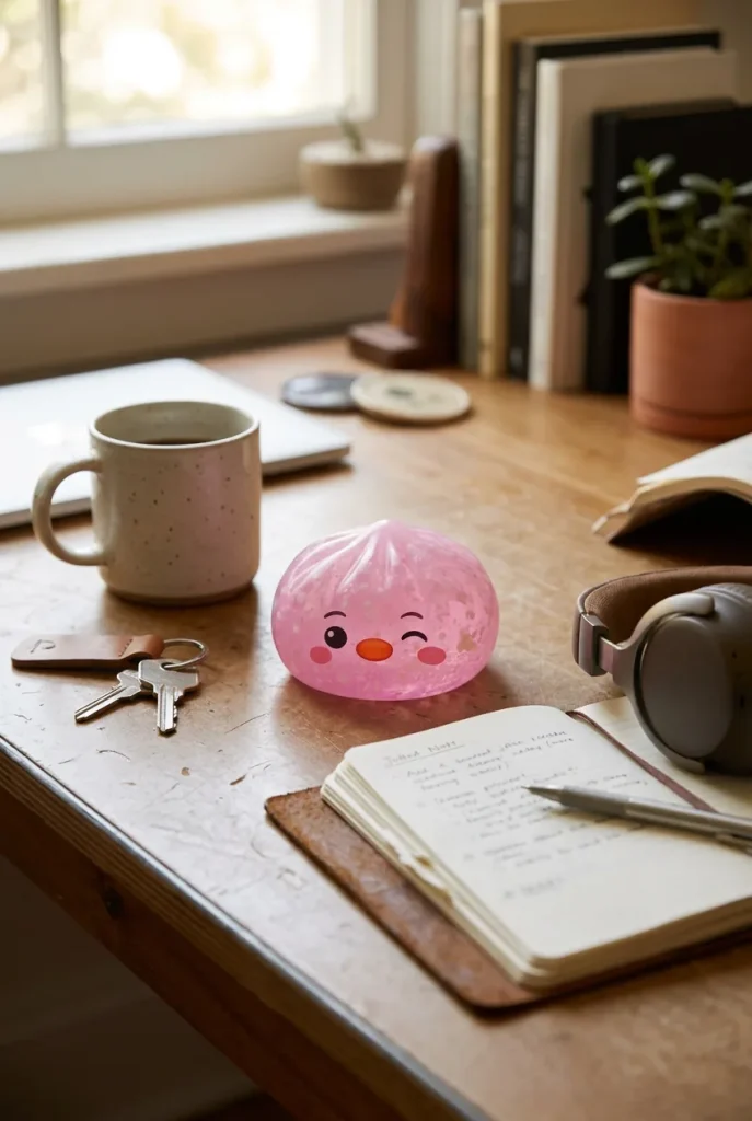 Penguin Dumpling Squishy Candy Roze op het bureau