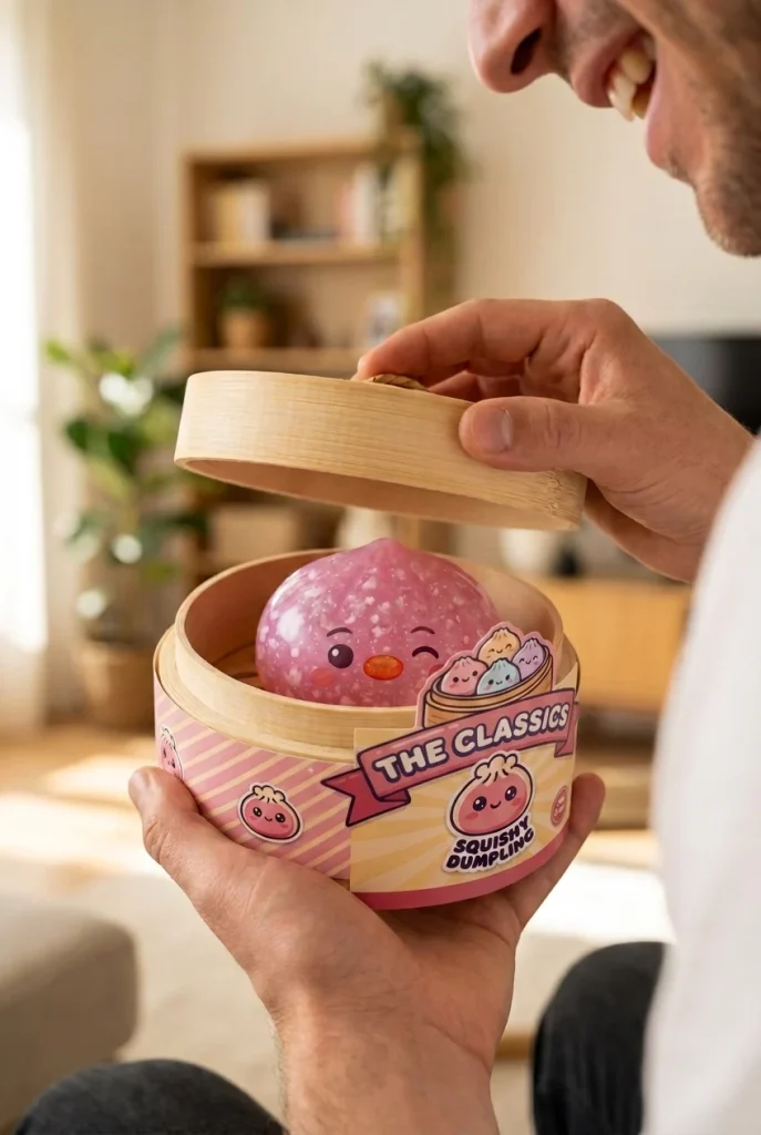 Penguin Dumpling Squishy Candy Roze tijdens het uitpakken