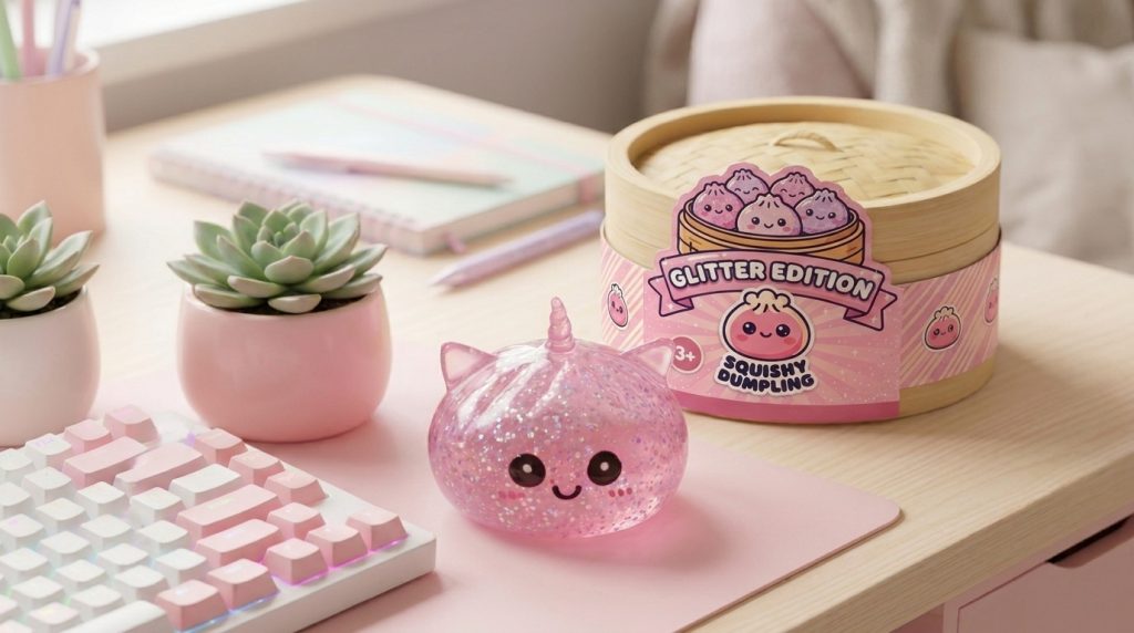 Glitter Dumpling Squishy Eenhoorn Roze in zijn kawaii omgeving