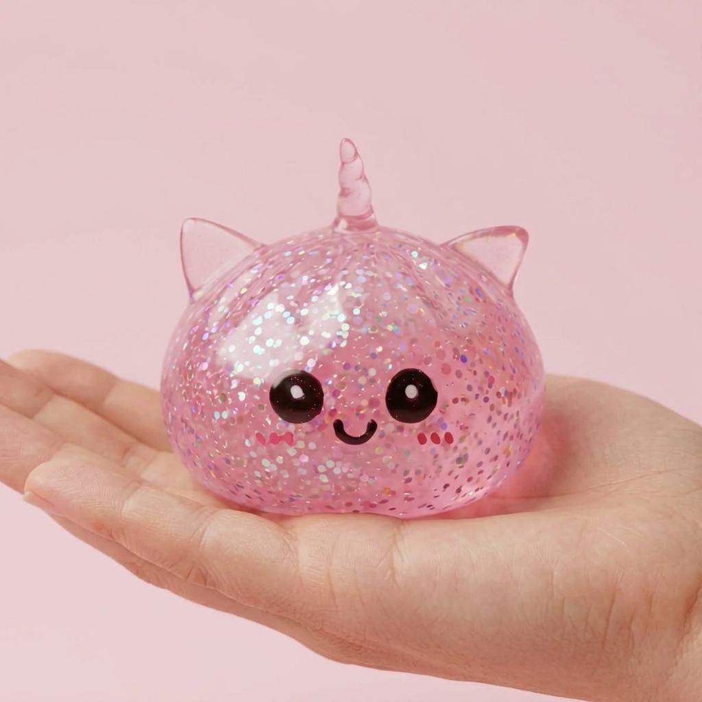 Glitter Dumpling Squishy Eenhoorn Roze in de hand gehouden, echte grootte