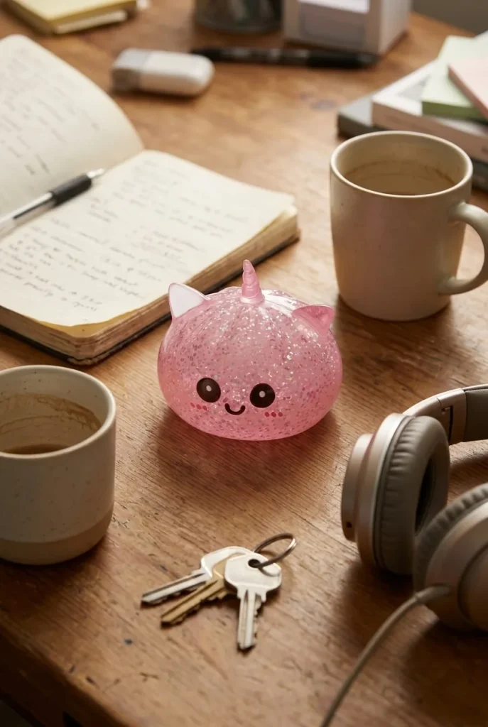 Glitter Dumpling Squishy Eenhoorn Roze op het bureau