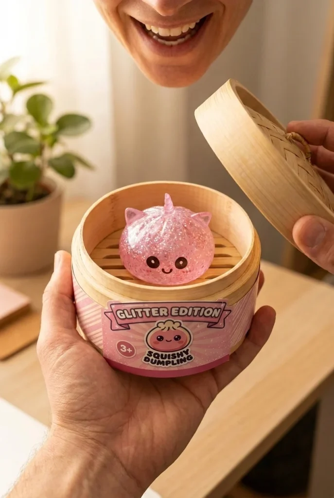 Glitter Dumpling Squishy Eenhoorn Roze tijdens het uitpakken