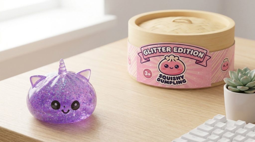 Dumpling Squishy Eenhoorn Glitter Paars in zijn kawaii omgeving