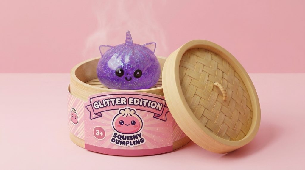 Dumpling Squishy Eenhoorn Glitter Paars in het bamboe stoommandje