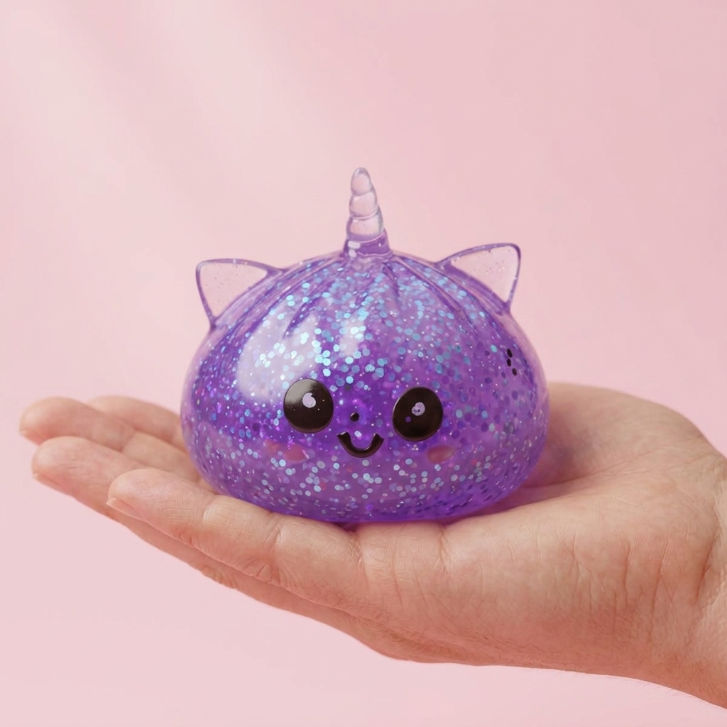 Dumpling Squishy Eenhoorn Glitter Paars in de hand gehouden, echte grootte