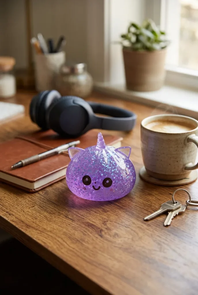 Dumpling Squishy Eenhoorn Glitter Paars op het bureau